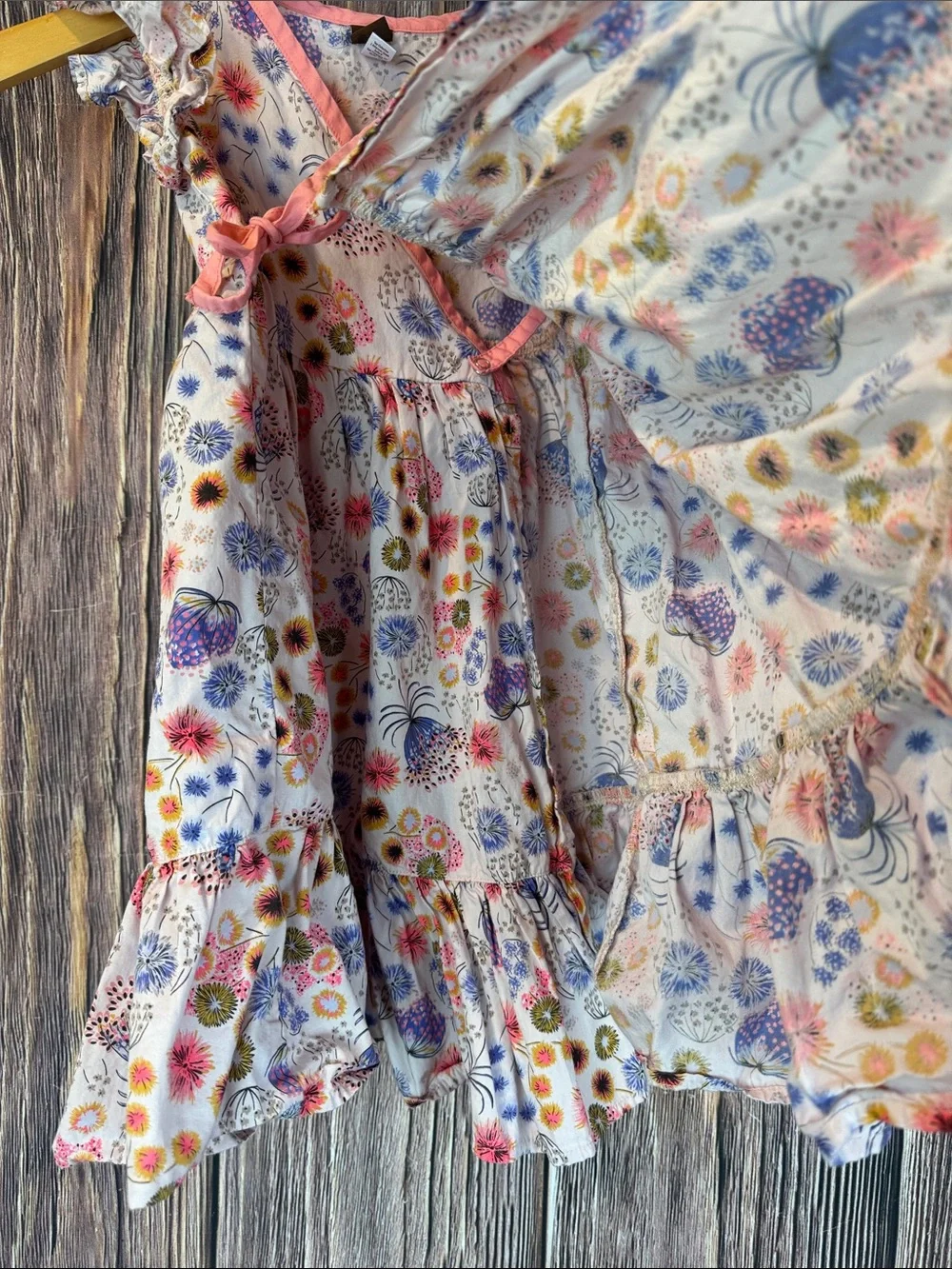 Tea Collection White Floral Wrap Dress with Pink Trim and Multicolor Blooms